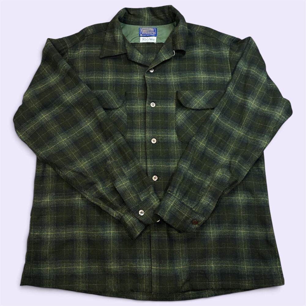Vintage Pendleton Ron Atkinson Virgin Wool Green Plaid Shirt Jacket USA